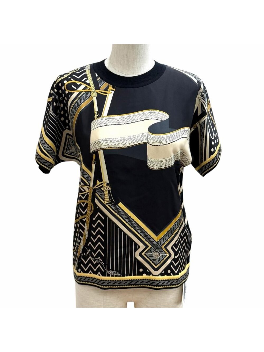 Hermes Post Aux Lettres Silk 100% Twillaine Short Sleeve Knit Black Sweater 38